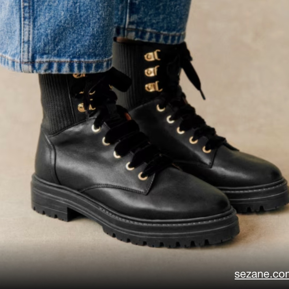 Sezane Black Leather Combat Boots with Gold Eyelets